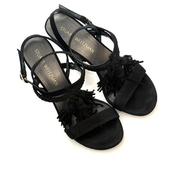 Stuart Weitzman Tassel Braided Black Suede Strappy Sandal Heels Sz 7.5/8 - Picture 5 of 12